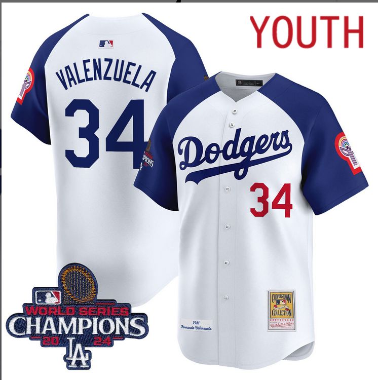 Youth MLB Los Angeles Dodgers #34 Valenzuela white 2024 World Series Champions Patch Cooperstown Jersey style 2